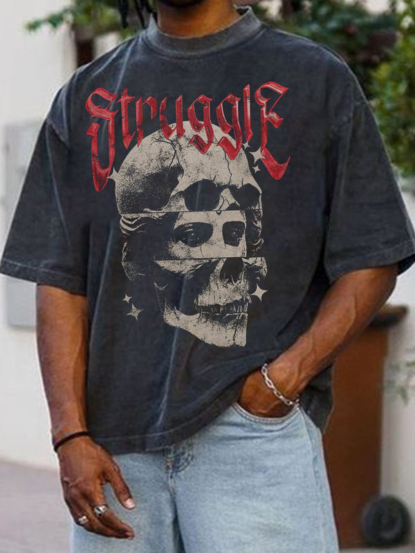 Skull Distressed Men's Short Sleeve Drop Shoulder Round Neck T-Shirt