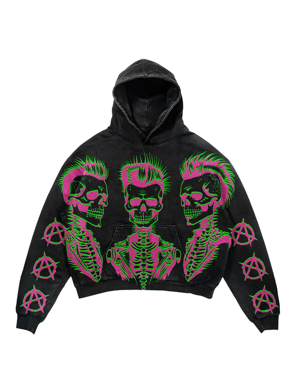 Neon Skull Print Men's Long Sleeve Hoodie