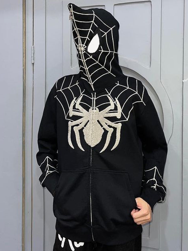 Gothic Dark Spider Print Hooded Cardigan