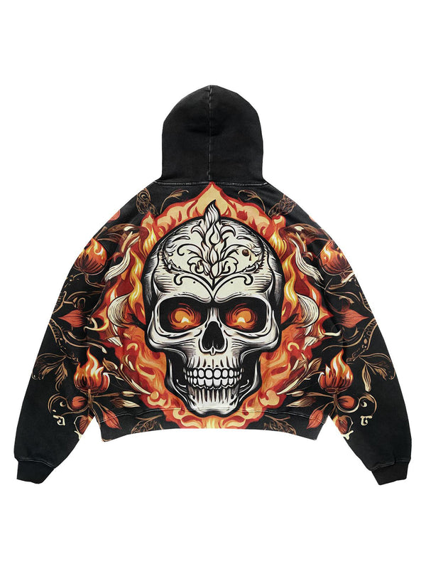 Personalized Flame Pattern Skull Print Men's Long-Sleeved Hoodie