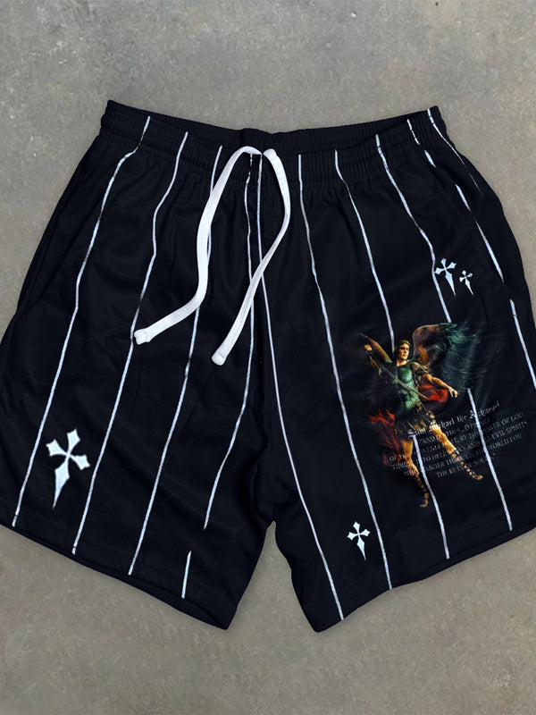 Vertical Striped Angel Print Casual Men's Shorts