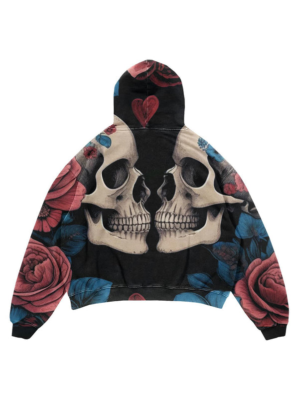 Heart Rose Skull Print Men's Long Sleeve Hoodie