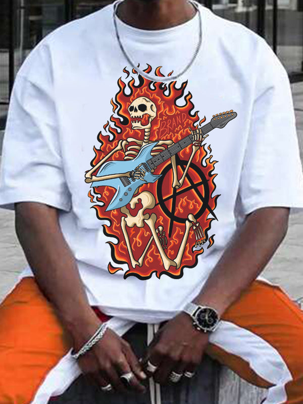 Skull Flame Print Men's Short-Sleeved Round Neck T-Shirt
