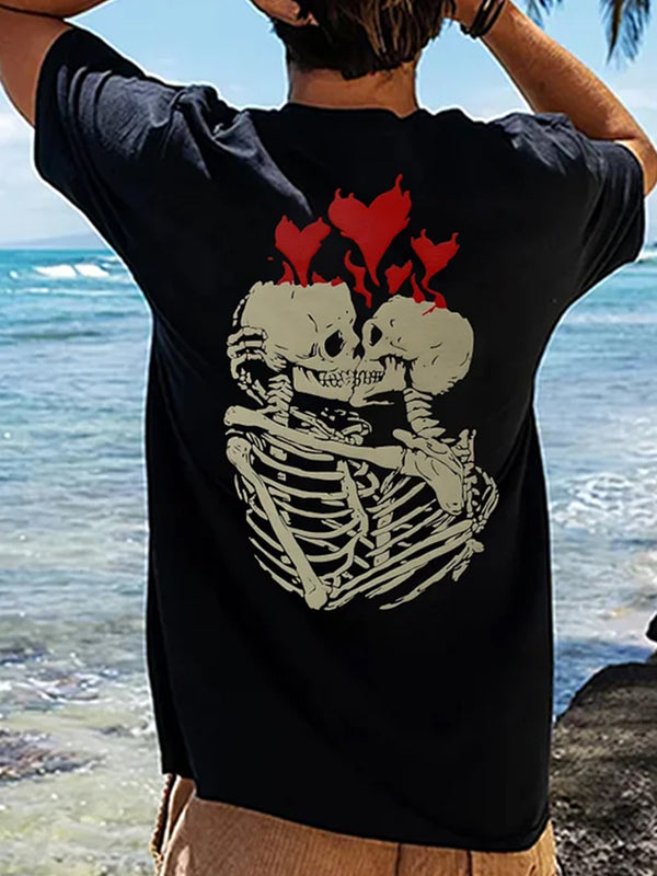 Men's Short-Sleeved Round Neck T-Shirt With Skull And Love Back Print