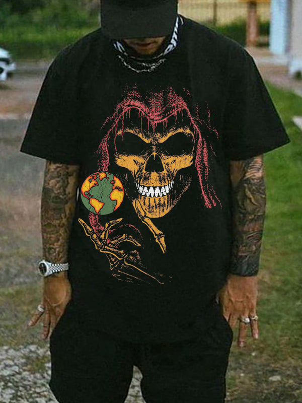 Dark Skull Earth Print Men's Short-Sleeved Round Neck T-Shirt